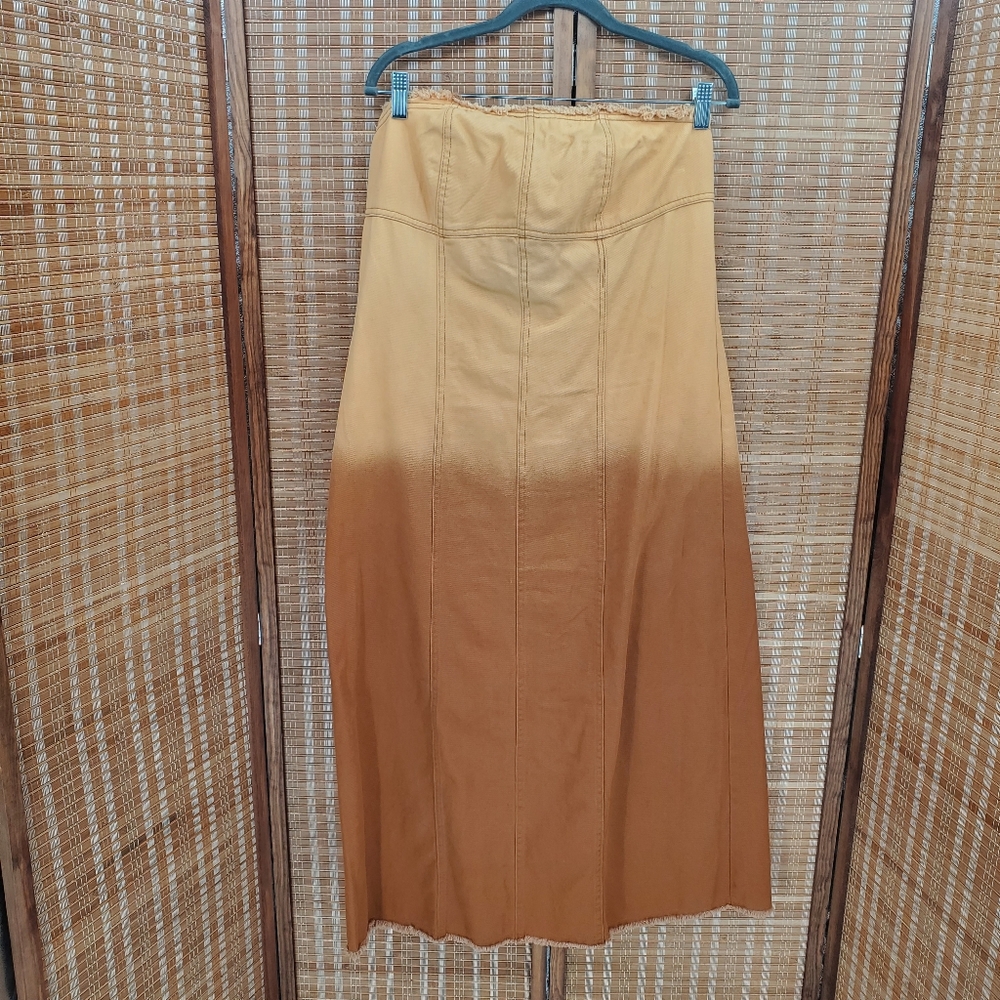 ◇ Divided Frayed Edge Bandeau Twill Midi Dress Size Large Dark Beige Ombre
